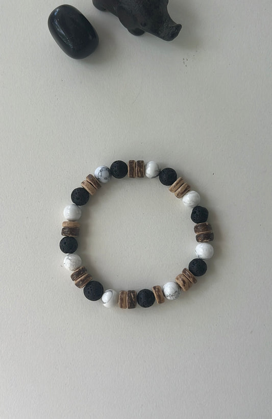 Men bracalet Coconut shell Howlite Black Lava